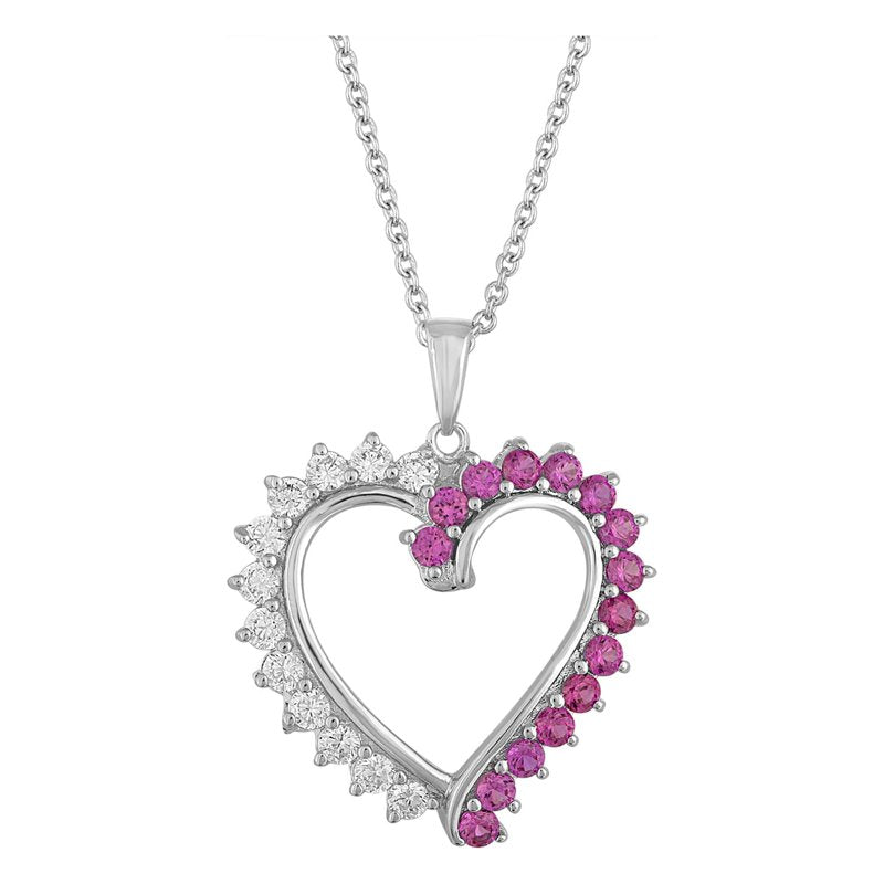 Sterling Silver-Plated Heart Pendant with Simulated Ruby and CZ Accents - 18 Inch Chain