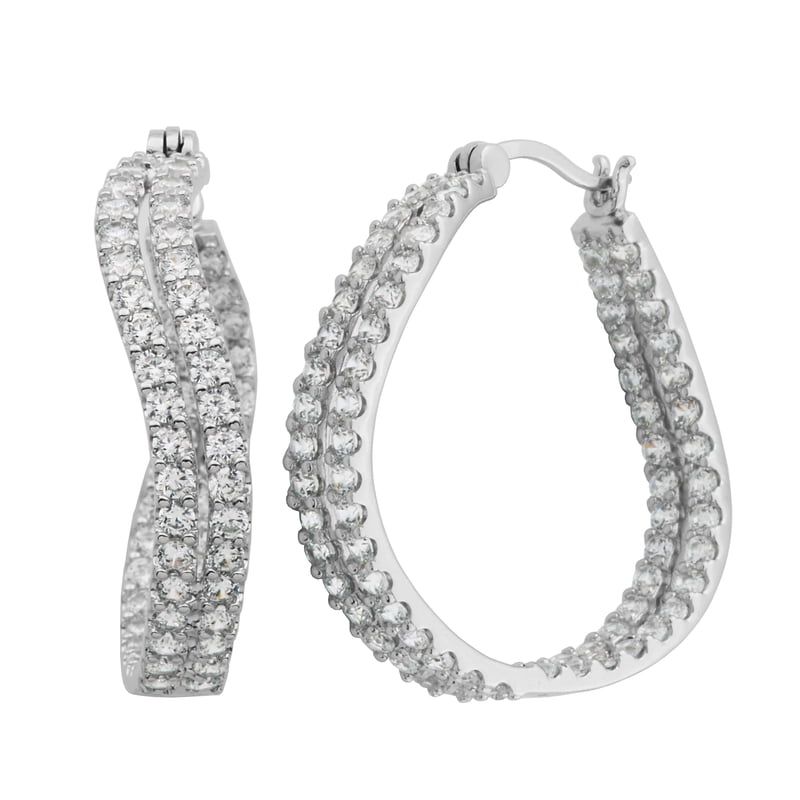 Sterling Silver Platinum Plated Wave Hoop Earrings with CZ Stones