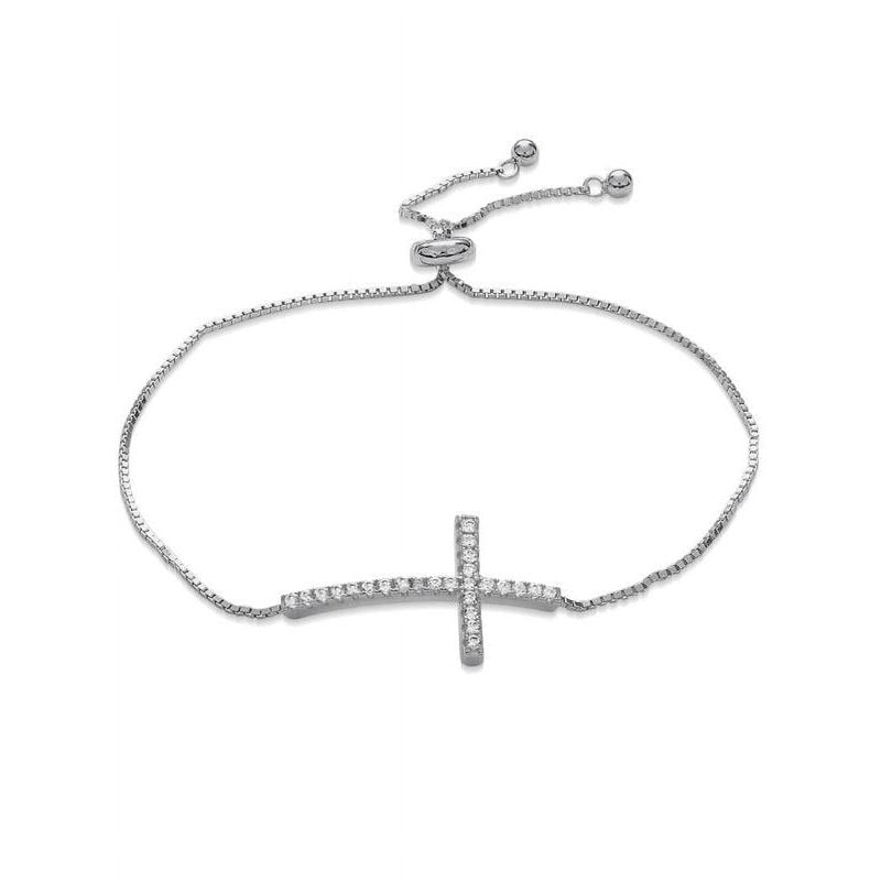 Sterling Silver Rhodium Plated Cubic Zirconia Cross Bolo Bracelet 7-10 Inch Adjustable