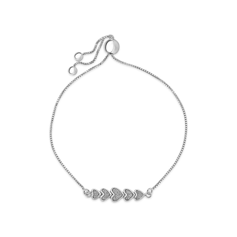 Graduated Heart Charm Bracelet - Sterling Silver Rhodium Plated Adjustable 7-10 Inches