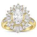 Sterling Silver 14K Gold Plated Pear Shape Baguette Halo Simulated Diamond Cocktail Ring