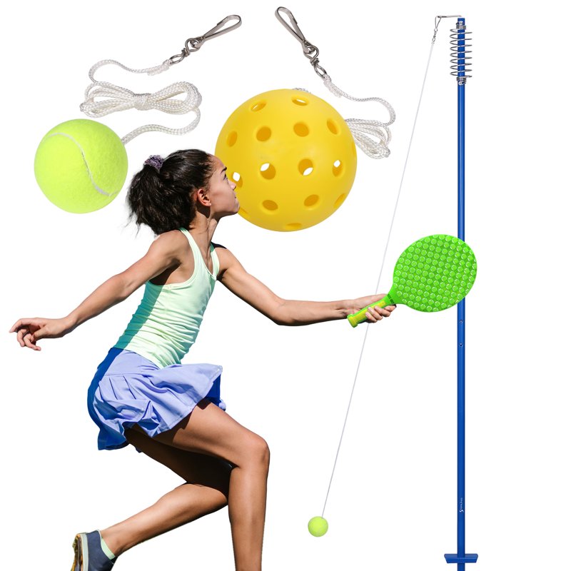 Tether Tennis and Pickleball Training Set with Adjustable Pole and Paddles