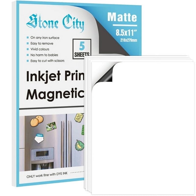 Stone City Printable Magnetic Sheets 8.5x11 Matte (5 Sheets) for Inkjet + Laser Printers - DIY Signs, Crafts, Photo Albums