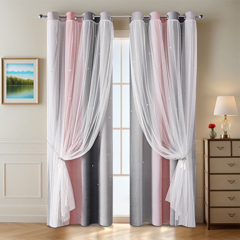 Colorful Rainbow Gradient Stripe Double Layer Blackout Curtain for Girls Bedroom