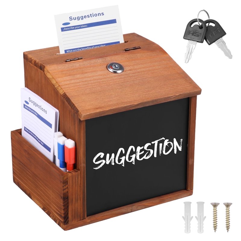 Wood Suggestion Box with Lock and Slot, Includes 10 Cards & 3 Erasable Pens