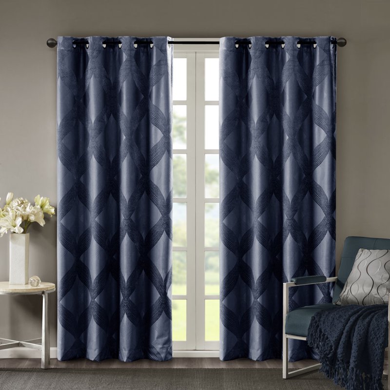 Blackout Curtain Panel Ogee Jacquard Total Blockout Window Covering - Navy