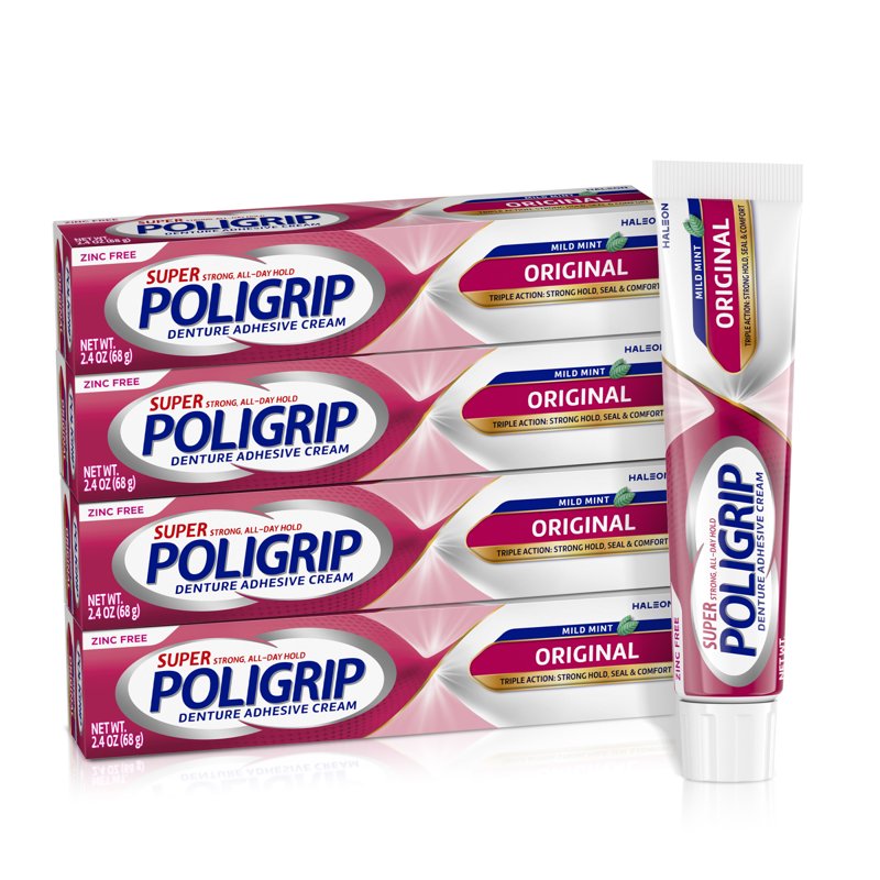 Denture Adhesive Cream Zinc-Free Fresh Mint 2.4Oz - 4 Pack
