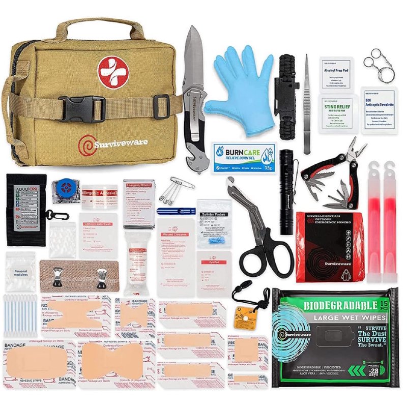 Outdoor Survival First Aid Kit with 100+ Supplies, Water-Resistant, Tan