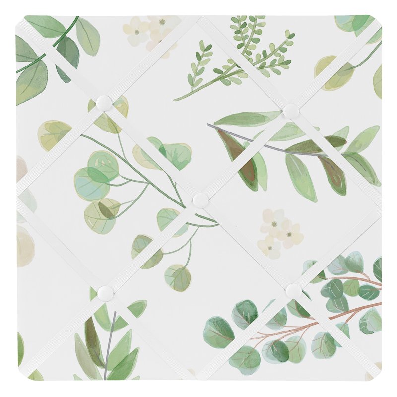 Green and White Fabric Memo Board with Button & Ribbon Border - 13x13 Inches