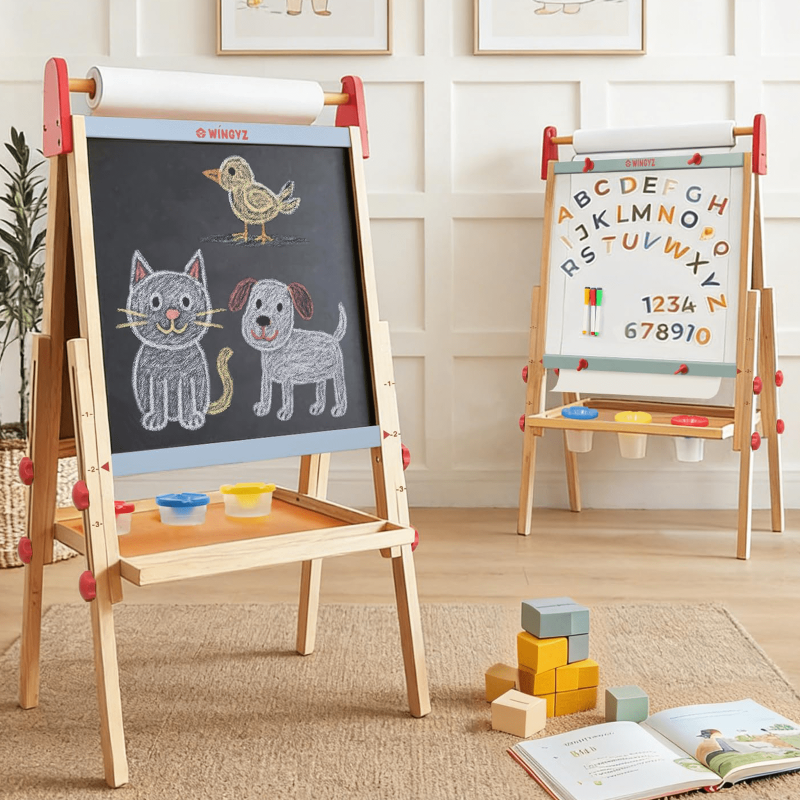 Kids Wooden Art Easel with Paper Roll, Magnetic Whiteboard & Chalkboard, Adjustable for Ages 3-12