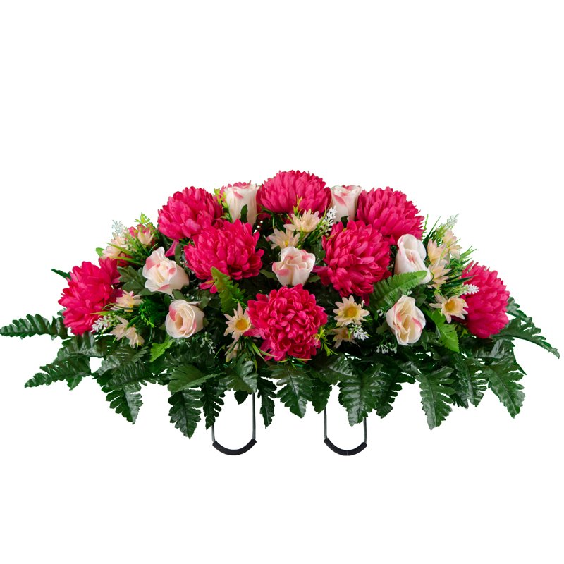 Artificial Cemetery Flower Saddle - UV Resistant Mum & Pink Rose for Headstone