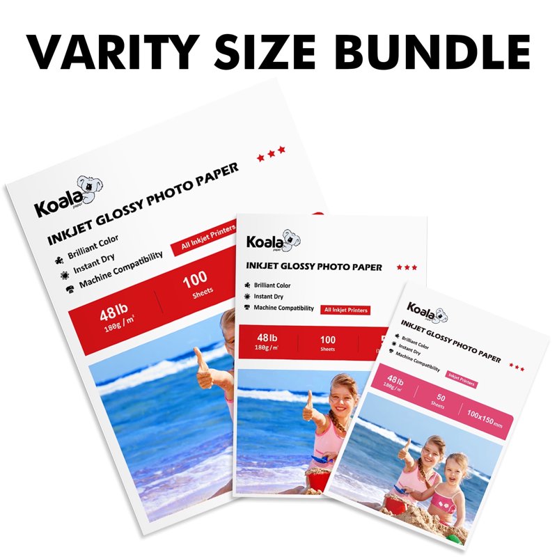 Premium Glossy Photo Paper Pack - Mixed Sizes for Inkjet Printers, 250 Sheets