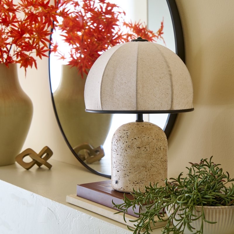 Rechargeable 14-Inch Stone Gourd Table Lamp with Fabric Shade - Modern Indoor Accent Light