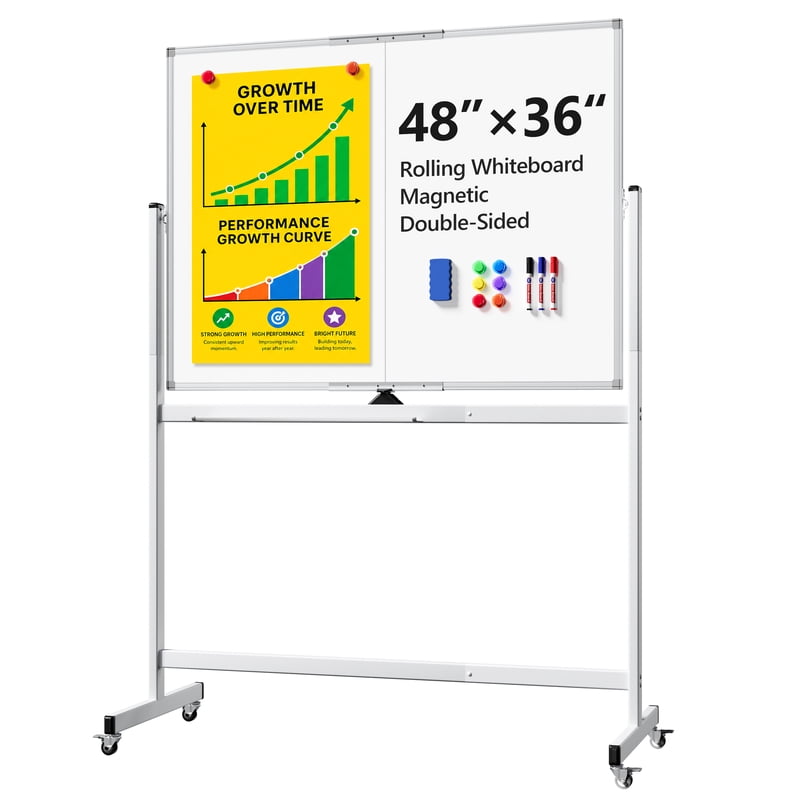 48x36 Inch Mobile Magnetic Whiteboard on Wheels - Double-Sided Dry Erase Board