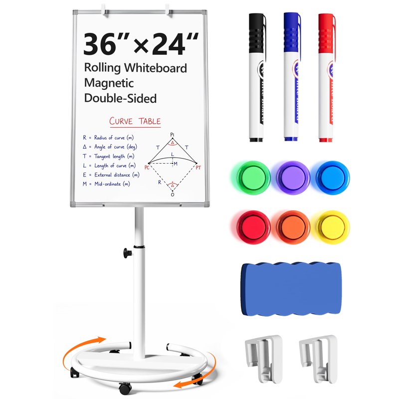 36x24 Inch Magnetic Whiteboard with Height Adjustment & Rolling Stand