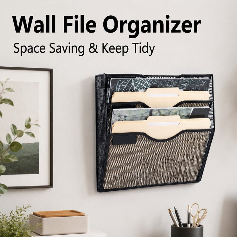 Wall File Organizer with 3 Pockets and Label Slots - Letter Size Document Holder