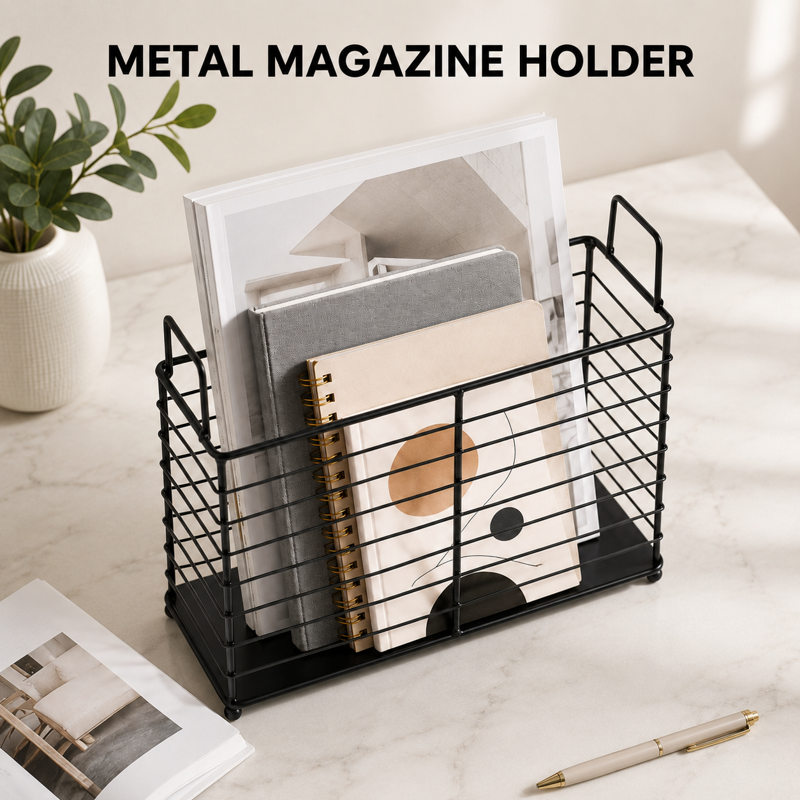 Black Iron Wire Magazine Rack with Handles - Home Office & Living Room Storage Basket