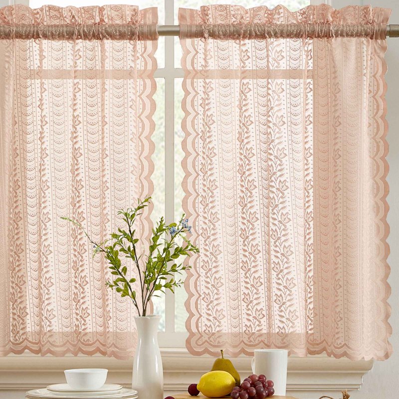 Semi Sheer Floral Lace Window Curtain Tiers for Small Windows - Set of 2