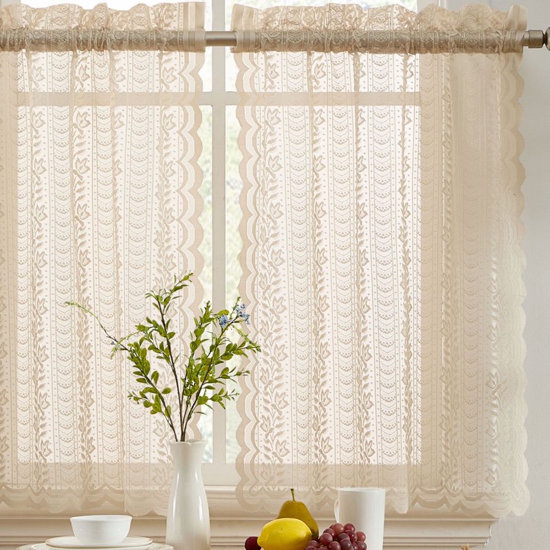 Semi Sheer Lace Window Curtain Tiers for Small Windows - Set of 2