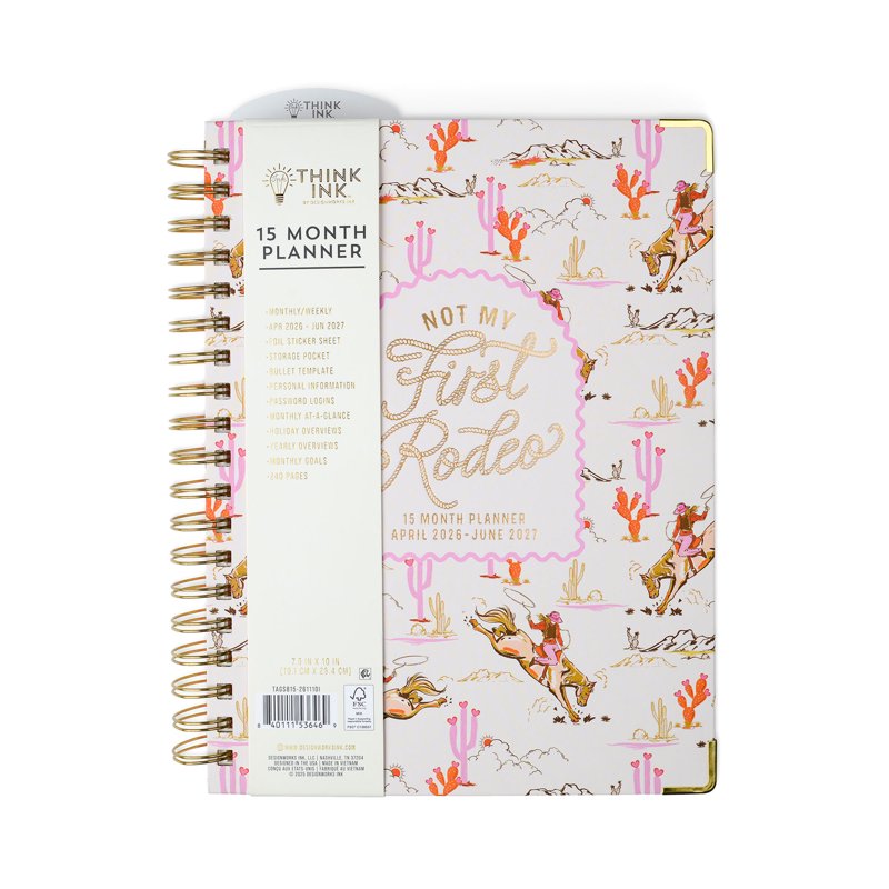 15-Month Weekly Twin Wire Planner with Rodeo Cover, Gold Accents, April 2026 - June 2027