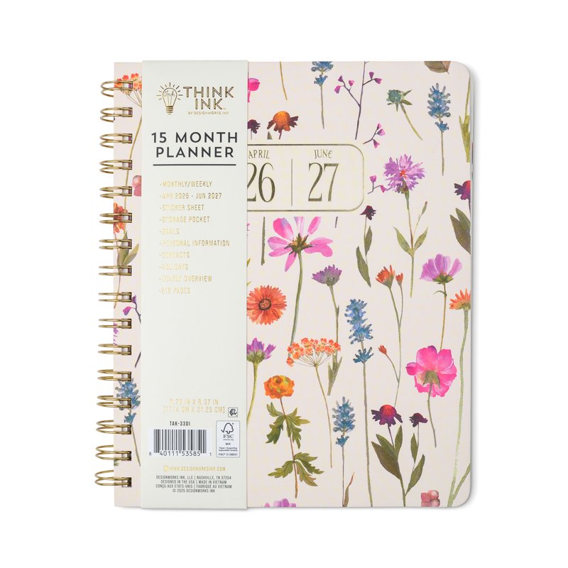 Wildflower Weekly Planner 15 Months Cream Watercolor Floral 6.75 x 8.37 inches
