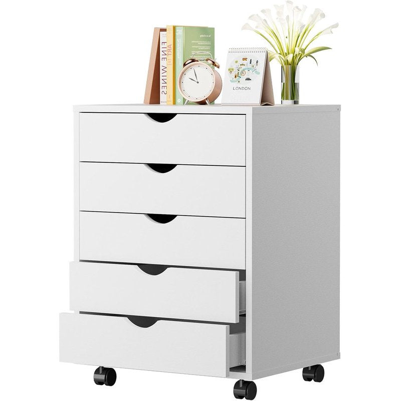Wooden Rolling File Cabinet with 5 Drawers - Mobile Storage for Home Office