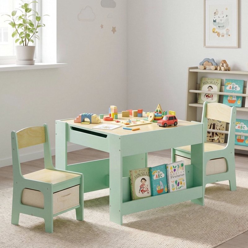 Kids Activity Table and Chair Set - Reversible Blackboard with Storage - Toddler Play Desk