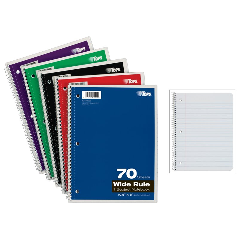 Wirebound 1-Subject Notebook - Wide Rule, 70 Sheets, Assorted Colors
