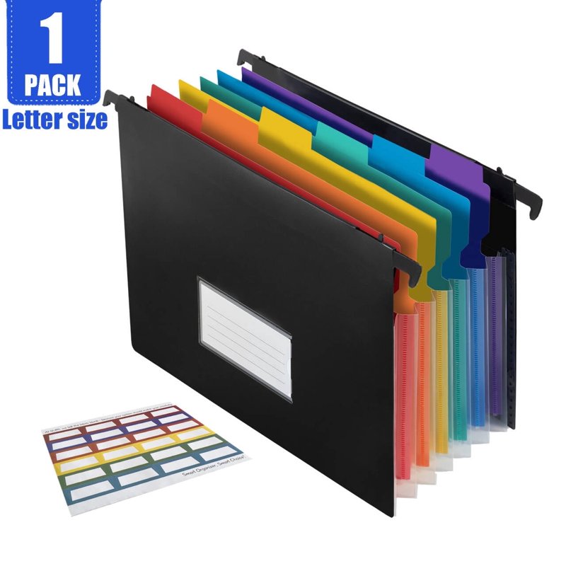 Heavy-Duty Plastic Hanging File Folders with Retractable Hook, Multi-Color Tabs, Letter Size, Large Capacity