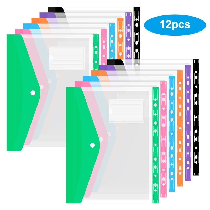 12 Pack Plastic Binder Folders with Snap Button & Label Pockets - Waterproof A4 Document Holders for Office & School