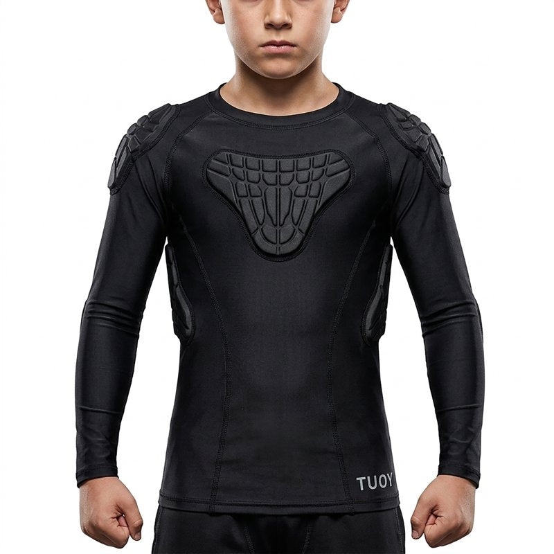 Kids Youth Padded Compression Shirt - Impact-Absorbing Long Sleeve Protective Top
