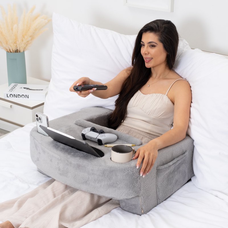 Multi-Functional Reading & Gaming Pillow with Cup Holder & Armrests - Adjustable Support