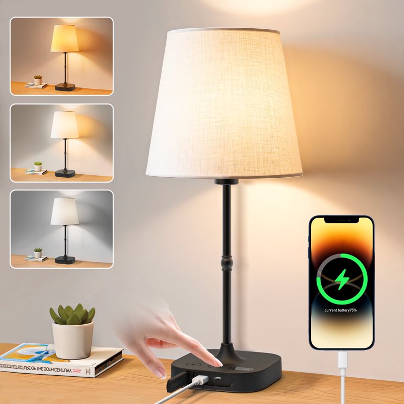 Cordless Dimmable Bedside Table Lamp with USB Port & Fabric Shade