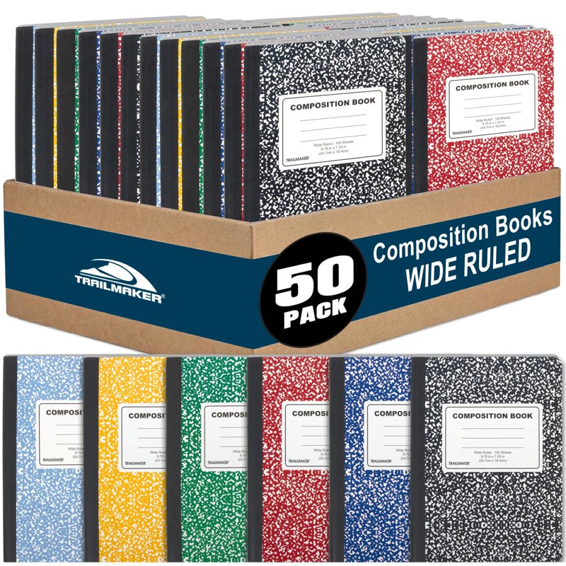 Bulk Composition Notebooks for School & Office - Wide Ruled, Marble Cover, 200 Pages, Multi-Color Pack