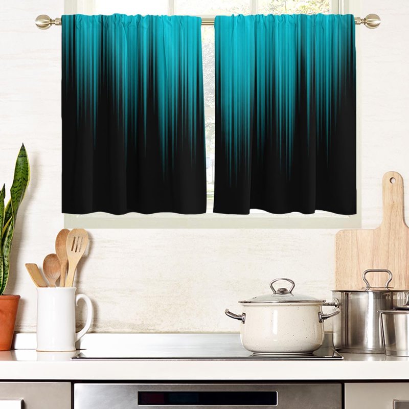 Modern Teal and Black Window Curtain Pair - 27.5 x 36 Inches, Abstract Striped Design for Living Room & Bedroom
