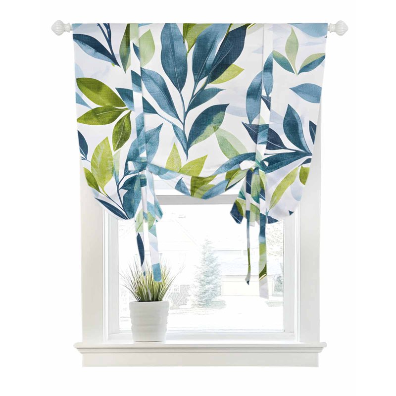 Teal Green Leaves Tie Up Window Curtain Valance with Thermal Insulation - Adjustable Rod Pocket Panel for Kitchen Bathroom Cafe
