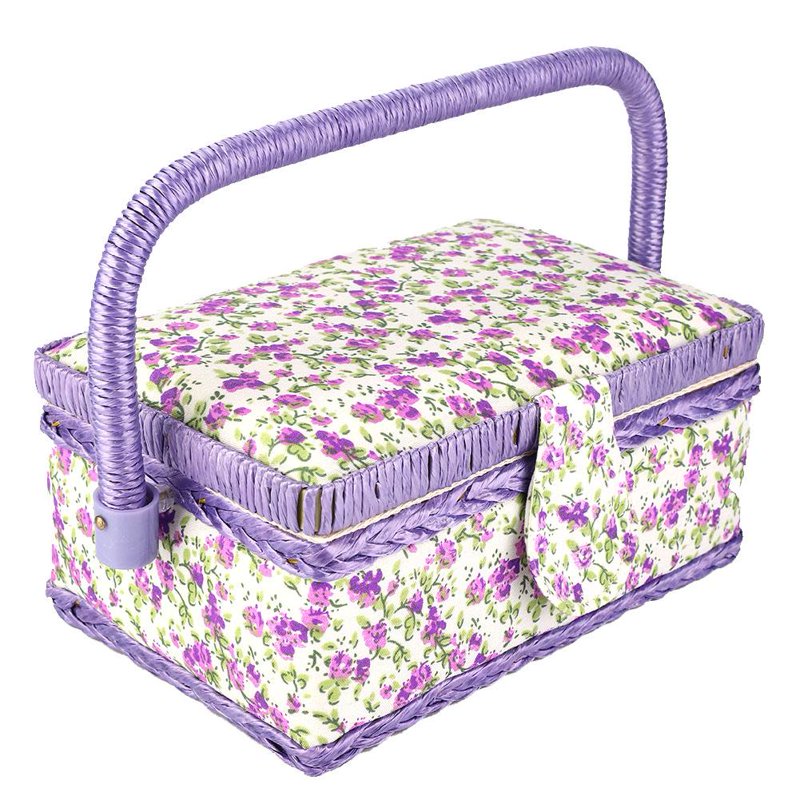 Handmade Sewing Basket Organizer with Double Layer Storage & Floral Print