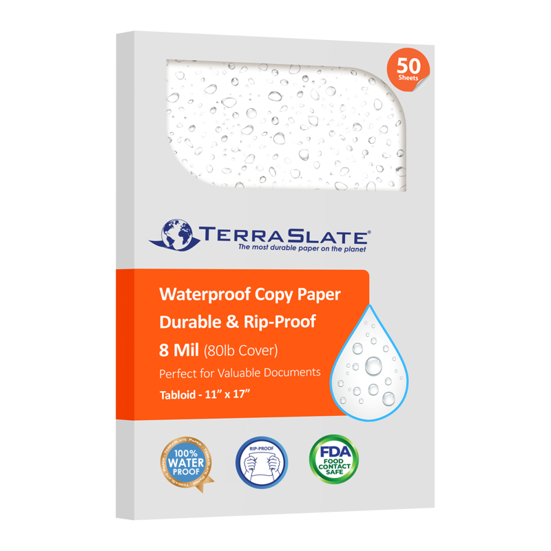 Waterproof Laser Printer Paper - 8 Mil 80lb Cover, 11x17 Tabloid, 25 Sheets