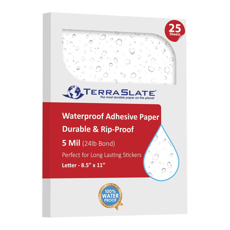 Waterproof Sticker Paper for Laser Printers - 25 Sheets, 8.5x11 Inches, 5 Mil Heavy Duty Labels