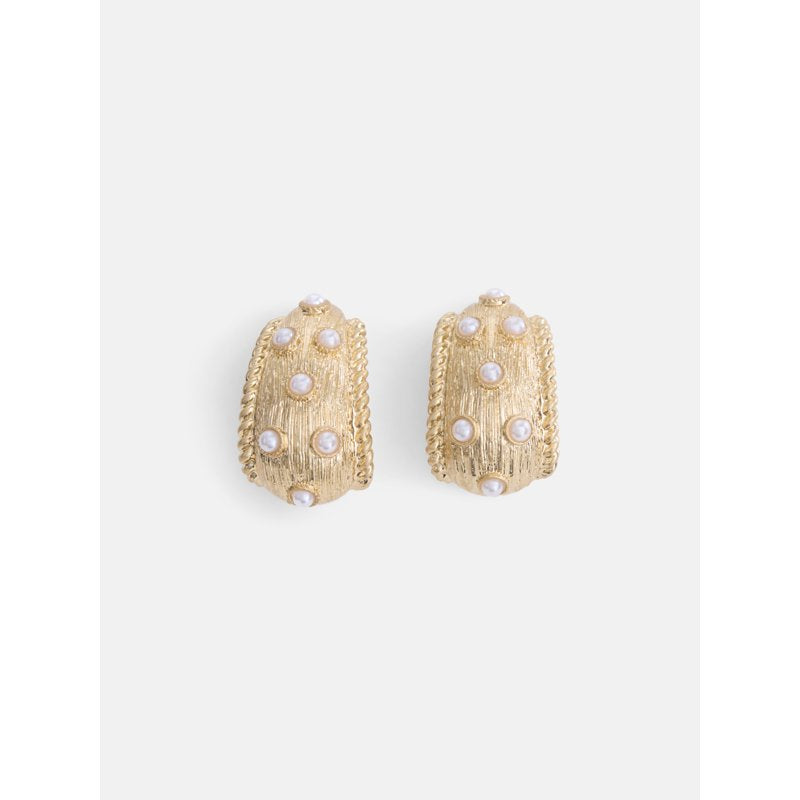 Gold Tone Faux Pearl Hoop Earrings with Textured Rope Design - Scoop