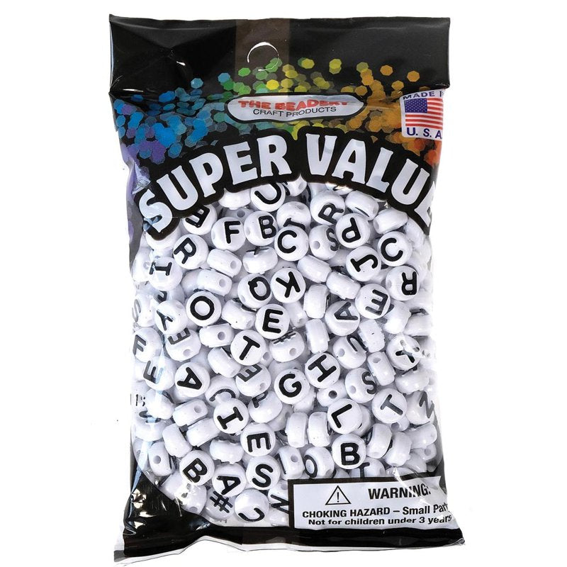 Alphabet Beads Set for Jewelry Making - White with Black Letters, 360 Pieces