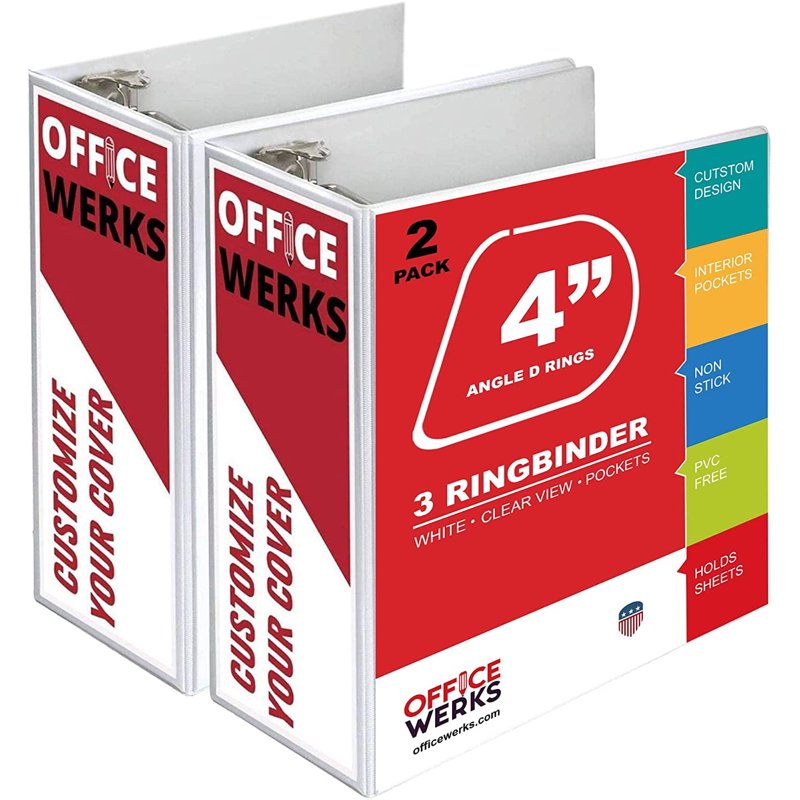 3 Ring Binder 4 Inch - Clear View Presentation Folder for 8.5 x 11 Pages, White, 2 Pack
