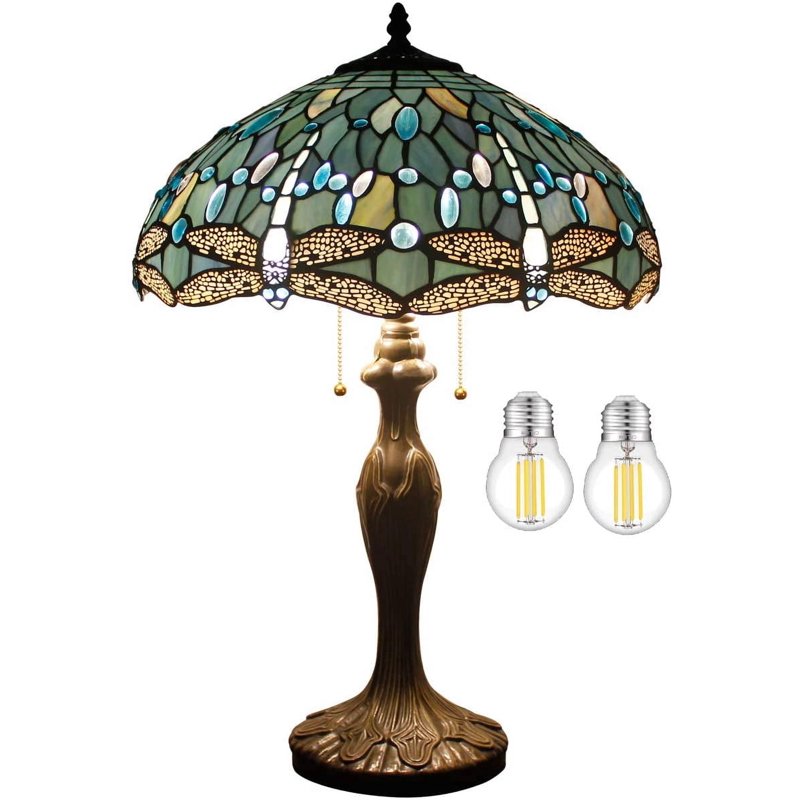 Large 24-Inch Sea Blue Tiffany Table Lamp with Stained Glass Dragonfly Design