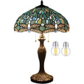 Large 24-Inch Sea Blue Tiffany Table Lamp with Stained Glass Dragonfly Design