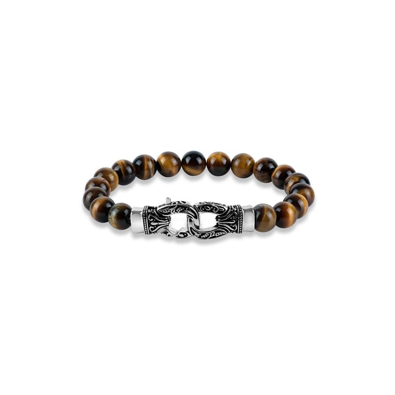 Tiger's Eye Bead Bracelet with Stainless Steel Ornate Clasp - 9 Inch Men’s Jewelry