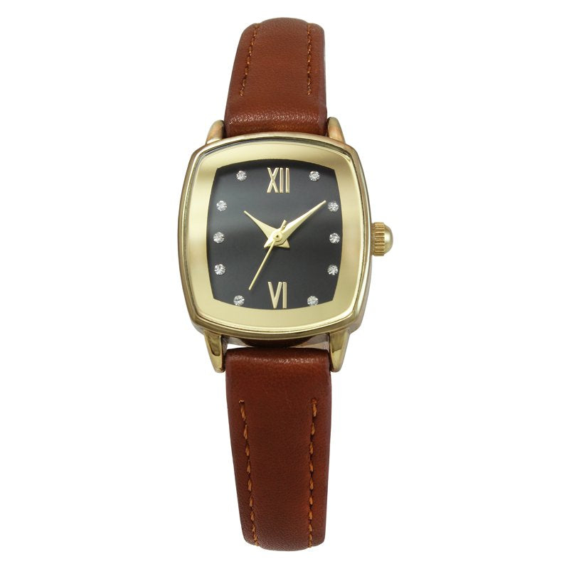Ladies Gold Tone Cushion Shape Metal Bezel Watch with Brown Strap