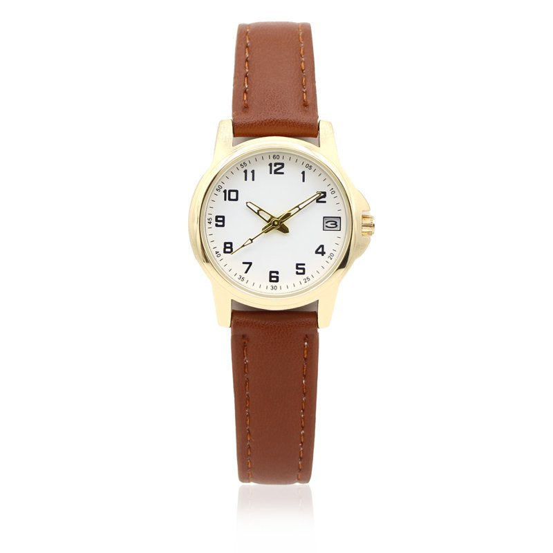 Men & Ladies Gold Tone Watch with Brown Leather Strap and Date 26.5MM