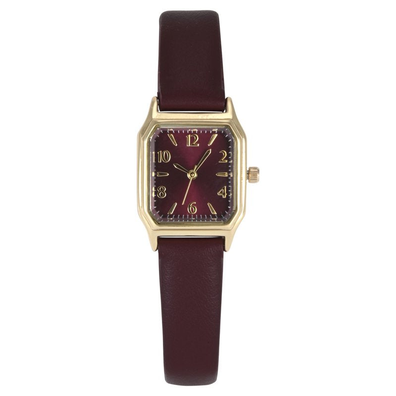 Goldtone Square Case Watch with Burgundy Leather Strap for Ladies