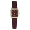 Goldtone Square Case Watch with Burgundy Leather Strap for Ladies
