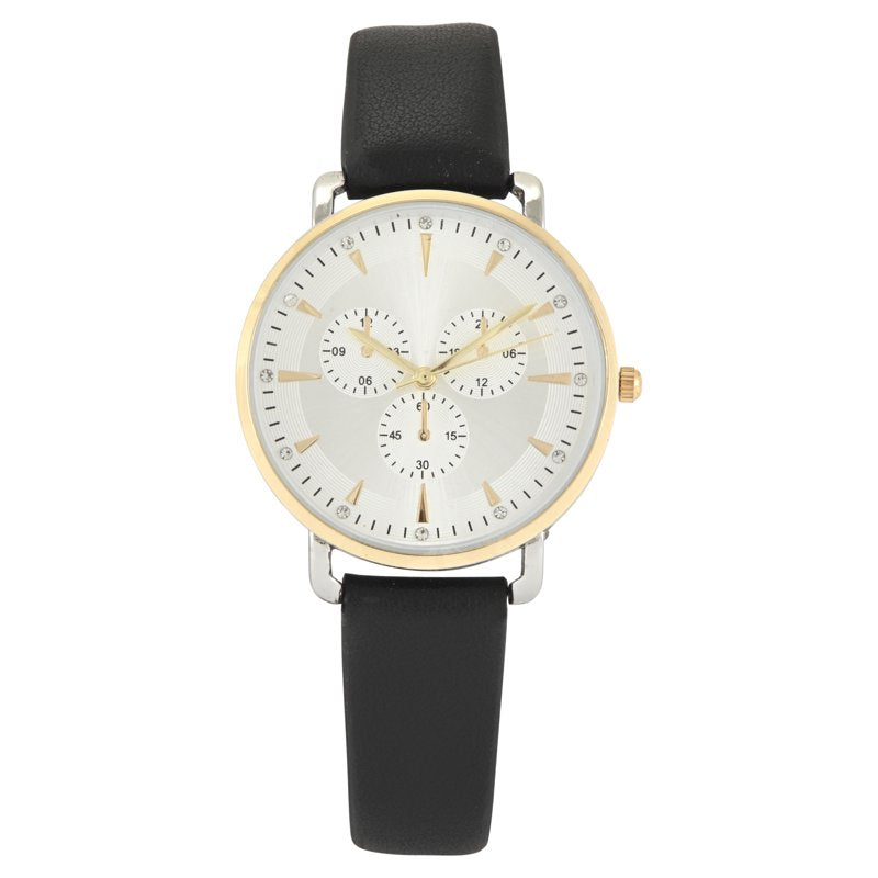 Ladies Two-Tone Round Case Watch with Faux Eye Dial and Black PU Strap